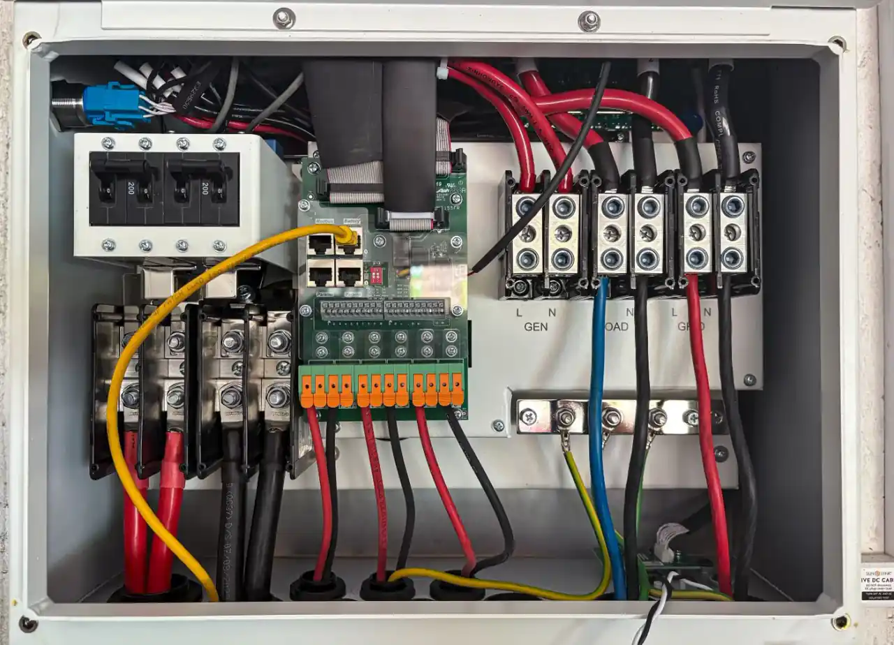 Detailed electrical control cabinet with protected wiring and terminal blocks