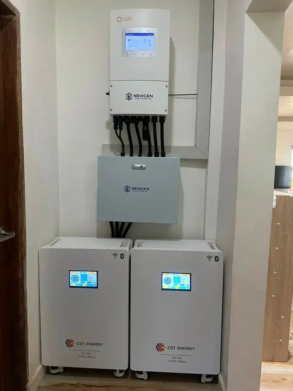 Newgen off-grid-ready inverter installation with two battery storage units